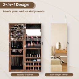 Gymax 110cm Jewellery Mirror Cabinet Wall/Door Mounted Jewelry Organizer in Brown - thumbnail 8