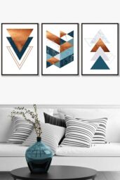 ARTZE Set of 3 Black Framed Mid Century Teal Orange Abstract Geometric Wall Art - Size: W33 cm x H45 cm x D20mm