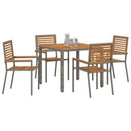 Berkfield Home 5 Piece Garden Dining Set Grey Poly Rattan Acacia - thumbnail 3
