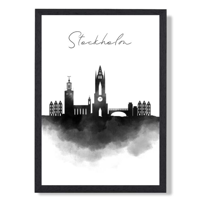 ARTZE Stockholm Watercolour Skyline City Framed Print SIZE: A3 with Black Frame - Size: A4 - image 1
