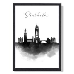ARTZE Stockholm Watercolour Skyline City Framed Print SIZE: A3 with Black Frame - Size: A4 - thumbnail 1