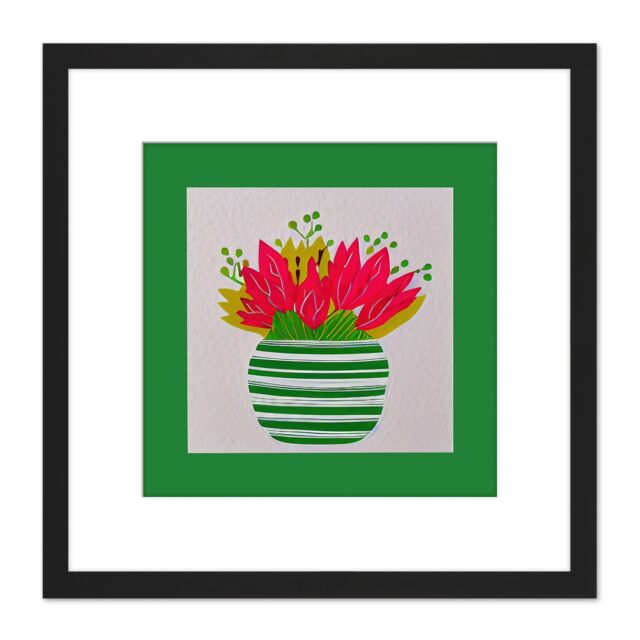 Artery8 Red & Ochre Leaves Green Striped Plant Pot Illustration Square Wooden Framed Wall Art Print Picture 8X8 Inch in Black - image 1