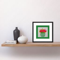 Artery8 Red & Ochre Leaves Green Striped Plant Pot Illustration Square Wooden Framed Wall Art Print Picture 8X8 Inch in Black - thumbnail 2