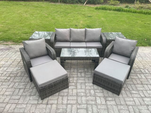 Fimous Rattan Garden Furniture Set with Rectangular Coffee Table 2 Side Tables 2 Big Footstool 7 Seater Patio Outdoor Lounge Sofa Set in Dark Grey - image 1