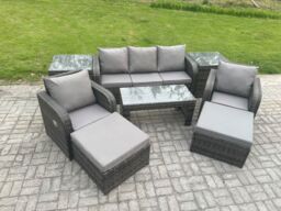 Fimous Rattan Garden Furniture Set with Rectangular Coffee Table 2 Side Tables 2 Big Footstool 7 Seater Patio Outdoor Lounge Sofa Set in Dark Grey - thumbnail 2
