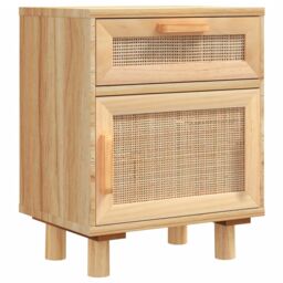 Berkfield Home Bedside Cabinet Brown Solid Wood Pine & Natural Rattan - thumbnail 2