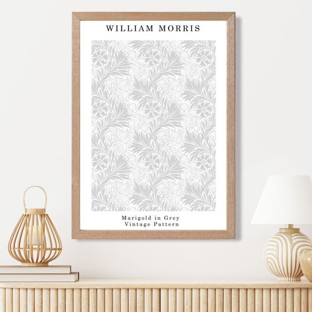 ARTZE William Morris Marigold in Grey Art Print / Oak Frame / SIZE: A4 in Light Grey - Size: A3 - image 1