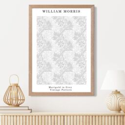 ARTZE William Morris Marigold in Grey Art Print / Oak Frame / SIZE: A4 in Light Grey - Size: A3