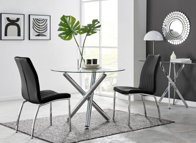 FurnitureboxUK Selina Round Glass Chrome Leg Dining Table & Isco Chairs in Black - Size: 4 Person - image 1