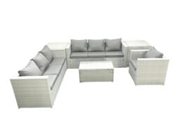 Fimous Wicker PE Rattan Sofa Garden Furniture Set with Armchair Oblong Coffee Table 2 Side Tables Light Grey Mixed - thumbnail 2