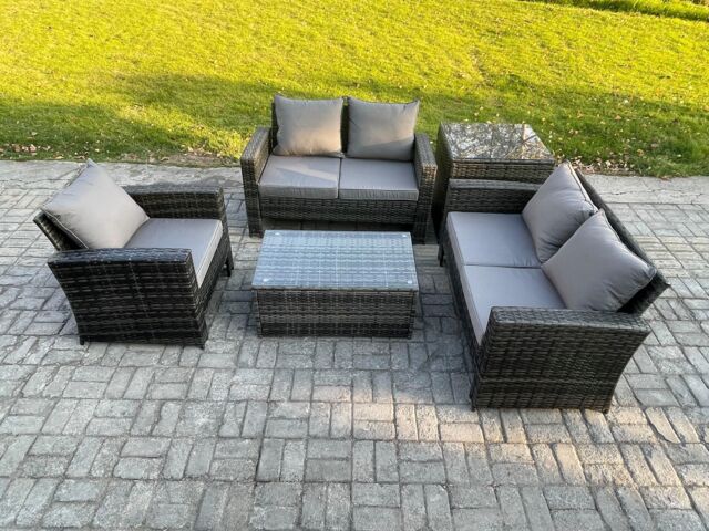 Fimous Wicker Rattan Garden Furniture Sofa Set with Rectangular Coffee Table Double Seat Sofa Chair Side Table 5 Seater Outdoor Rattan Set