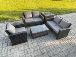 Fimous Wicker Rattan Garden Furniture Sofa Set with Rectangular Coffee Table Double Seat Sofa Chair Side Table 5 Seater Outdoor Rattan Set - thumbnail 2