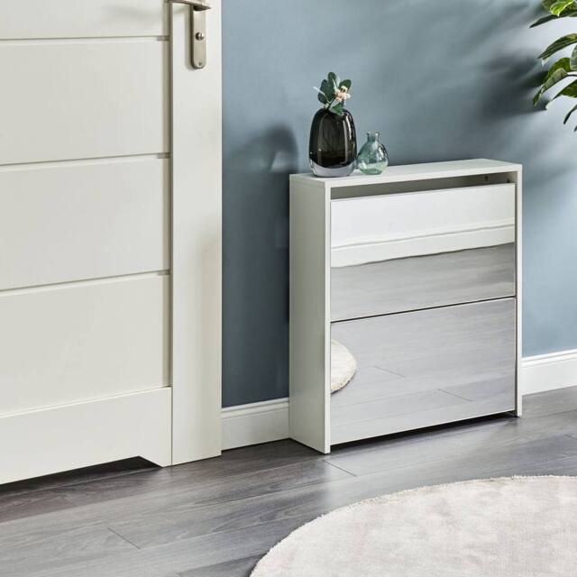 Wyld and Coco Shoe Cabinet White MDF Mirror Fronts 2-Compartment Hallway Organizer - image 1