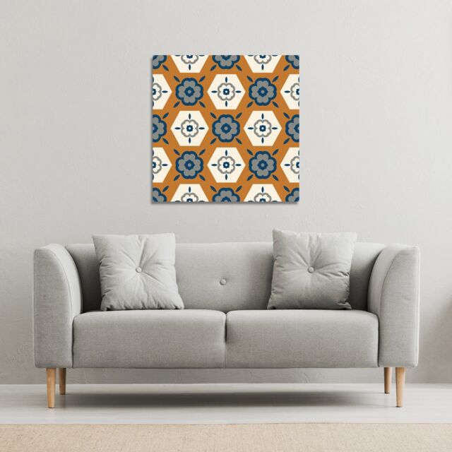 Benjamin Tate Design Rust orange background with gray, navy blue & beige (Canvas Print) / 90 x 90 x 4cm in Natural - Size: 90 x 90 x 4 cm - image 1
