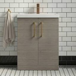 Balterley Bathroom Floor 2-Door Vanity & Mid-Edge Basin, Solace Oak, 600mm in Brown - thumbnail 5
