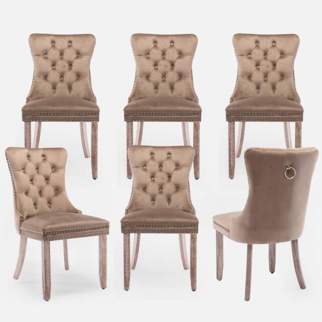 HomeTouch Romsey Set of 6 Velvet Upholstered Dining Chairs with Oak Legs & Knocker Ring Back in Brown - Size: 6 Pack - image 1