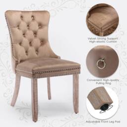 HomeTouch Romsey Set of 6 Velvet Upholstered Dining Chairs with Oak Legs & Knocker Ring Back in Brown - Size: 6 Pack - thumbnail 6