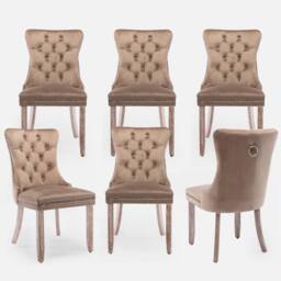 HomeTouch Romsey Set of 6 Velvet Upholstered Dining Chairs with Oak Legs & Knocker Ring Back in Brown - Size: 6 Pack - thumbnail 1