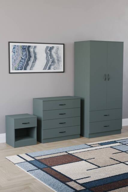 Home Discount Vida Designs Riano 3 Piece Bedroom Set with 4 Drawer Chest & Wardrobe in Green - image 1