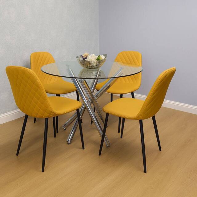 KOSY KOALA Round Clear Glass Dining Table Set with 4 Mustard Gem Pattern Chairs - image 1
