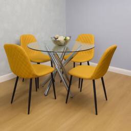 KOSY KOALA Round Clear Glass Dining Table Set with 4 Mustard Gem Pattern Chairs - thumbnail 1