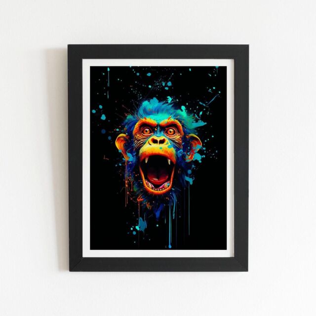 "Warren Reed - Designer Crazy Monkey face Splashart Framed Art Print in Black - Size: W16"" x H24""" - image 1