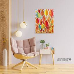 "Artery8 Autumn Leaves With Folk Art Patterns Canvas Wall Art Print in Red - Size: W24"" x H32""" - thumbnail 3