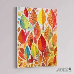 "Artery8 Autumn Leaves With Folk Art Patterns Canvas Wall Art Print in Red - Size: W24"" x H32""" - thumbnail 2