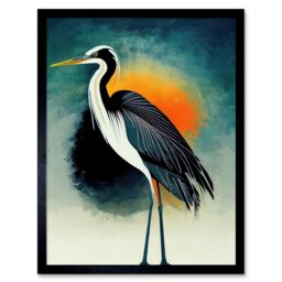 "Artery8 Wall Art Print Heron Monochrome Bird Portrait Orange Sunrise Acrylic Paint Art Framed in Black - Size: W12"" x H16""" - thumbnail 1
