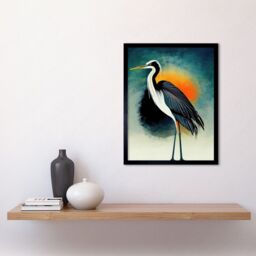 "Artery8 Wall Art Print Heron Monochrome Bird Portrait Orange Sunrise Acrylic Paint Art Framed in Black - Size: W12"" x H16""" - thumbnail 2