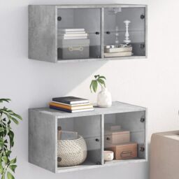 Berkfield Home Wall Cabinets with Glass Doors 2 pcs Concrete Grey 68.5x37x35 cm - thumbnail 1
