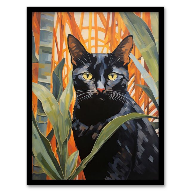 Wee Blue Coo Wall Art Print Botanical Black Cat Lovers Portrait Living Room Framed - Size: A4 - image 1