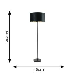 ValueLights Charlie Black Stem Floor Lamp with Black Velvet & Gold Inner Lamp Shade - thumbnail 4