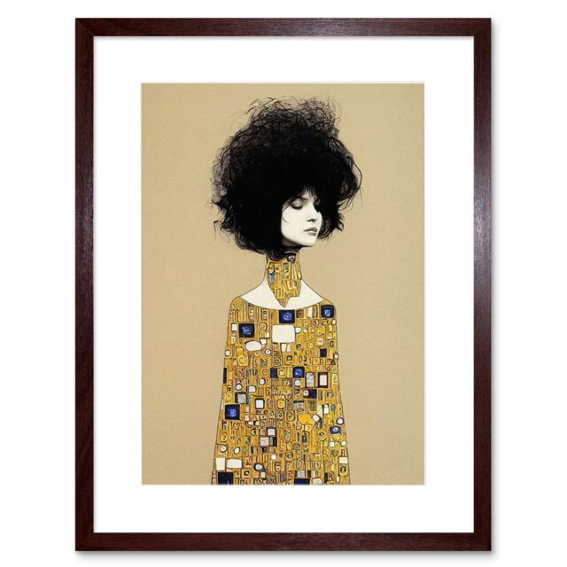 "Artery8 Wall Art Print Klimt Style Retro Boho Afro Hair Abstract Gold Dress Artwork Framed 9X7 Inch in Brown - Size: W7"" x H9""" - image 1