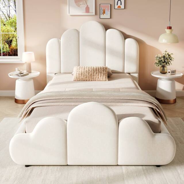 Merax 3FT Single Petal Upholstered Bedstead Cloud Child's Bed Frame in Beige - image 1