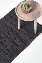 Homescapes Denver Leather Woven Hall Runner, 66 x 200 cm in Black - Size: 66 cm x 200 cm