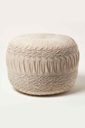 Homescapes Sofia Pleated Velvet Pouffe in Cream - thumbnail 1