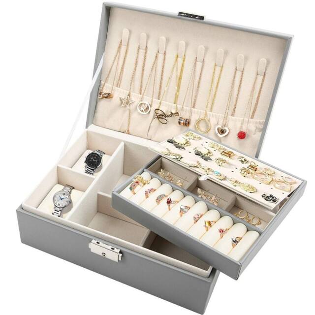 EONLION 2 Layer Jewellery Box Organizer Rings Necklaces Jewellry Storage Box in Grey - image 1