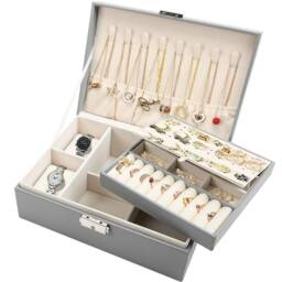 EONLION 2 Layer Jewellery Box Organizer Rings Necklaces Jewellry Storage Box in Grey