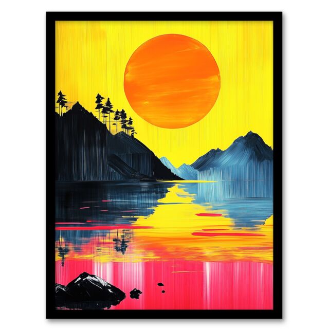 "Artery8 Guilin China Sunset Vibrant Abstract Painting Framed Art Print in Yellow - Size: W12"" x H16""" - image 1