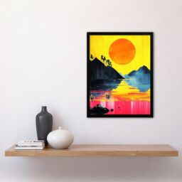 "Artery8 Guilin China Sunset Vibrant Abstract Painting Framed Art Print in Yellow - Size: W12"" x H16""" - thumbnail 4