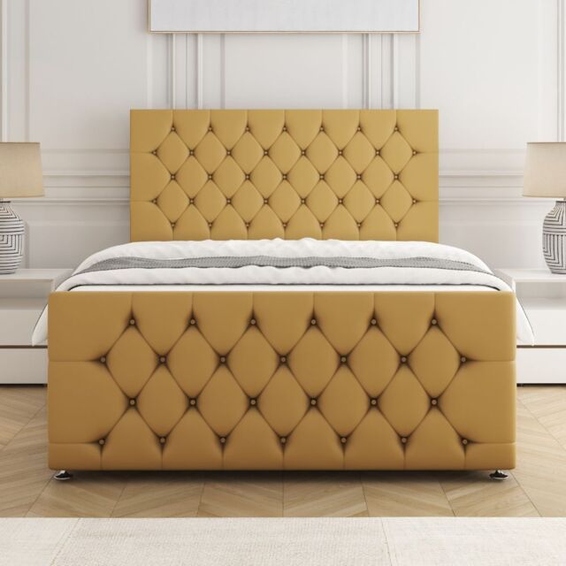 "BSSPOKE Maya Divan Bed Set Plush Velvet 24"" Headboard & Mattress No Drawers in Mustard - Size: Small Double" - image 1