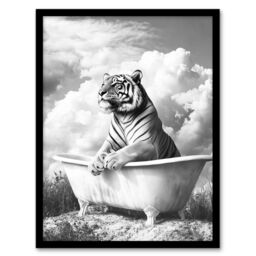 Artery8 Tiger Bathtub Black White Surreal Big Cat Lover Framed Art Print in Grey - Size: A4 - thumbnail 1