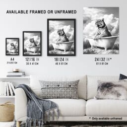 Artery8 Tiger Bathtub Black White Surreal Big Cat Lover Framed Art Print in Grey - Size: A4 - thumbnail 3