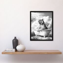 Artery8 Tiger Bathtub Black White Surreal Big Cat Lover Framed Art Print in Grey - Size: A4 - thumbnail 4