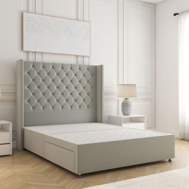 "BSSPOKE Olivia Divan Bed Plush Velvet 54"" Headboard & No Mattress No Drawers in Silver - Size: Double" - image 1