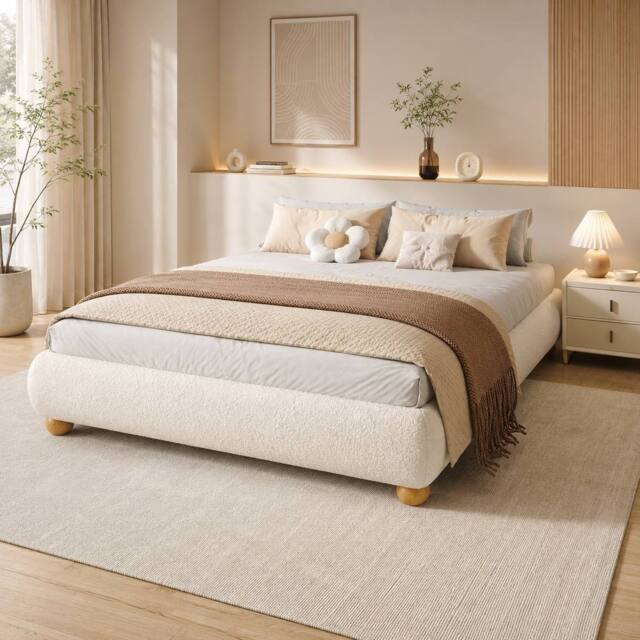 STILVORA Upholstered Bed 4ft6 Double with Circular Legs in Beige - image 1