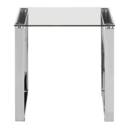 Orsina Shiny Silver Finish Square End Table, Minimalist Side Table With Stainless-Steel Legs, Glass Top Small Table