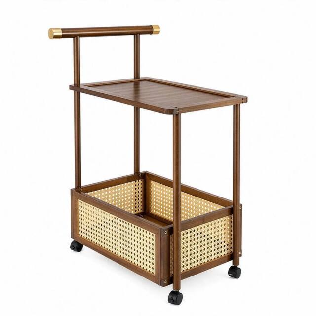 FORGEVIO Rolling Rattan Side Table with Storage, 2-Tier Mobile End Table in Brown - image 1