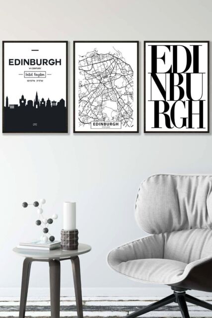 ARTZE EDINBURGH Skyline Street Map City Prints Framed Wall Art - Medium in Black - Size: W45 cm x H62 cm x D20mm - image 1